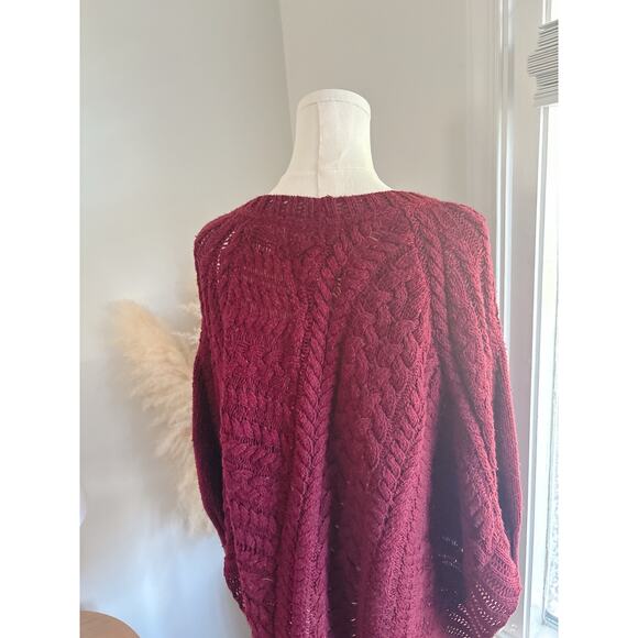 Anthro Angel of the North Burgundy Curved Cables Poncho Sweater XS Dolman Sleeve - Picture 7 of 10
